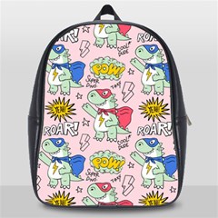 Seamless Pattern With Many Funny Cute Superhero Dinosaurs T-rex Mask Cloak With Comics Style School Bag (large) by Ravend