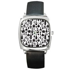 Wine Pattern Black White Square Metal Watch by Jancukart