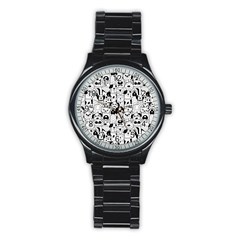 Seamless-pattern-with-black-white-doodle-dogs Stainless Steel Round Watch by Jancukart