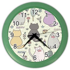 Funny Cartoon Cats Seamless Pattern Color Wall Clock by Jancukart