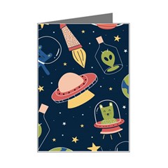 Seamless Pattern With Funny Alien Cat Galaxy Mini Greeting Card by Wegoenart