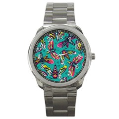 Vintage Colorful Insects Seamless Pattern Sport Metal Watch by Wegoenart