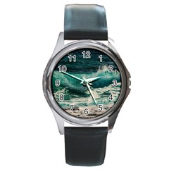 Sea Ocean Waves Seascape Beach Round Metal Watch by danenraven