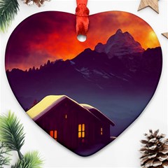 Cabin Mountains Snow Sun Winter Dusk Ornament (heart) by Pakemis