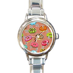 Doughnut Doodle Colorful Seamless Pattern Round Italian Charm Watch by Pakemis