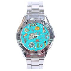 Colored-sketched-sea-elements-pattern-background-sea-life-animals-illustration Stainless Steel Analogue Watch by Pakemis