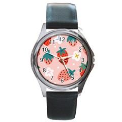 Strawberry-seamless-pattern Round Metal Watch by Pakemis