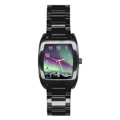 Aurora Stars Sky Mountains Snow Aurora Borealis Stainless Steel Barrel Watch by Uceng