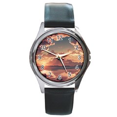 Sunset River Sky Clouds Nature Nostalgic Mountain Round Metal Watch by Uceng