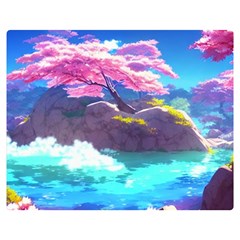 Fantasy Japan Mountains Cherry Blossoms Nature Flano Blanket (medium)