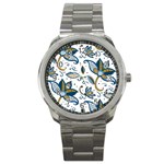 Flowers Blue Texture Style Batik Sport Metal Watch Front