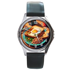 Ai Generated Breakfast Egg Beans Toast Plate Round Metal Watch by danenraven