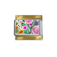 Cheerful And Captivating Watercolor Flowers Gold Trim Italian Charm (9mm)