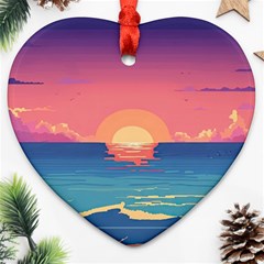 Sunset Ocean Beach Water Tropical Island Vacation 2 Heart Ornament (two Sides) by Pakemis