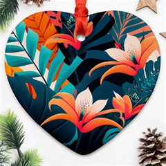 Tropical Flowers Floral Floral Pattern Patterns Heart Ornament (two Sides) by Pakemis