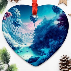 Tropical Winter Frozen Snow Paradise Palm Trees Ornament (heart) by Pakemis