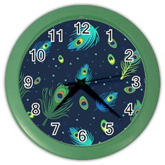 Blue Background Pattern Feather Peacock Color Wall Clock by Semog4