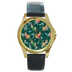 Cute Christmas Pattern Doodle Round Gold Metal Watch by Semog4