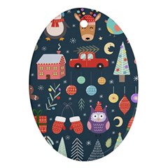 Vector Set Cute Christmas Elements Santa Penguin Deer Bear Fox Owl Trees Snowman Bird Angel More Oval Ornament (two Sides)