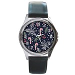 Holiday Seamless Pattern With Christmas Candies Snoflakes Fir Branches Berries Round Metal Watch Front