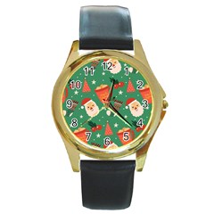 Colorful Funny Christmas Pattern Round Gold Metal Watch by Semog4