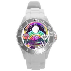 Rainbow Fun Cute Minimal Doodle Drawing Art Round Plastic Sport Watch (l) by Jancukart