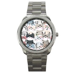 Cute Cat Couple Seamless Pattern Cartoon Sport Metal Watch by Salman4z