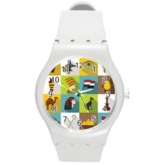 Egypt-travel-items-icons-set-flat-style Round Plastic Sport Watch (m) by Salman4z