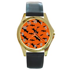 Halloween-card-with-bats-flying-pattern Round Gold Metal Watch by Salman4z