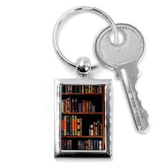 Assorted Title Of Books Piled In The Shelves Assorted Book Lot Inside The Wooden Shelf Key Chain (rectangle) by 99art