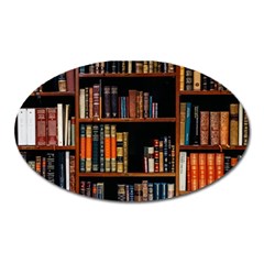 Assorted Title Of Books Piled In The Shelves Assorted Book Lot Inside The Wooden Shelf Oval Magnet by 99art