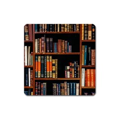 Assorted Title Of Books Piled In The Shelves Assorted Book Lot Inside The Wooden Shelf Square Magnet by 99art