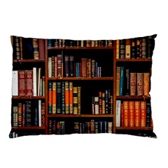 Assorted Title Of Books Piled In The Shelves Assorted Book Lot Inside The Wooden Shelf Pillow Case by 99art