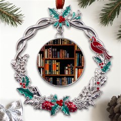 Assorted Title Of Books Piled In The Shelves Assorted Book Lot Inside The Wooden Shelf Metal X mas Wreath Holly Leaf Ornament by 99art