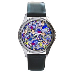 Blue Yellow Background Pattern Vector Texture Paisley Round Metal Watch by danenraven