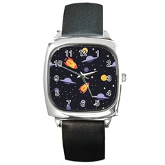 Cosmos Rockets Spaceships Ufos Square Metal Watch by Cowasu