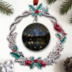 New York Night Central Park Skyscrapers Skyline Metal X mas Wreath Holly Leaf Ornament by Cowasu