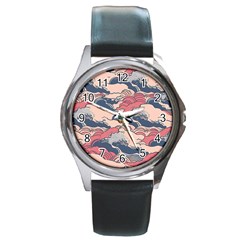 Waves Ocean Sea Water Pattern Rough Seas Round Metal Watch by danenraven