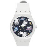 Space Cat Illustration Pattern Astronaut Round Plastic Sport Watch (M) Front