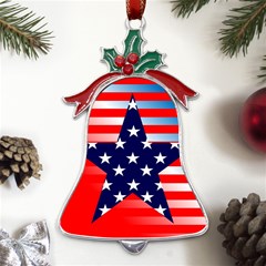 Patriotic American Usa Design Red Metal Holly Leaf Bell Ornament