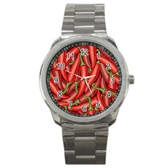 Seamless-chili-pepper-pattern Sport Metal Watch by uniart180623