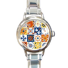 Mexican-talavera-pattern-ceramic-tiles-with-flower-leaves-bird-ornaments-traditional-majolica-style- Round Italian Charm Watch by uniart180623