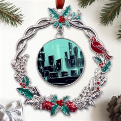 Buildings City Urban Destruction Background Metal X mas Wreath Holly Leaf Ornament by uniart180623