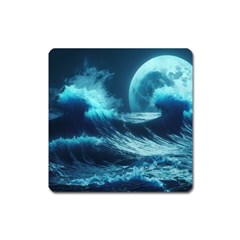 Moonlight High Tide Storm Tsunami Waves Ocean Sea Square Magnet by uniart180623