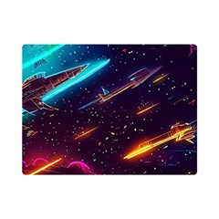 Night Sky Neon Spaceship Drawing Premium Plush Fleece Blanket (mini) by Ravend