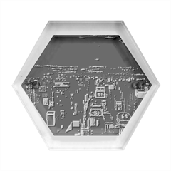 Night Black City Neon Sky Stars Moon Abstract Hexagon Wood Jewelry Box by Cowasu