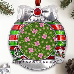 Pink Flower Background Pattern Metal X mas Ribbon With Red Crystal Round Ornament by Ravend