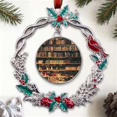 Books On Bookshelf Assorted Color Book Lot In Bookcase Library Metal X mas Wreath Holly Leaf Ornament by Ravend