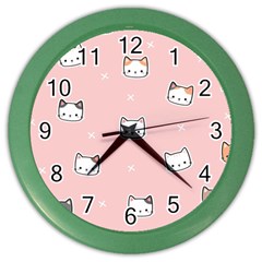 Cute Cat Cartoon Doodle Seamless Pink Pattern Color Wall Clock by Grandong