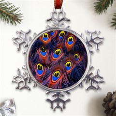 Peacock-feathers,blue,yellow Metal Large Snowflake Ornament